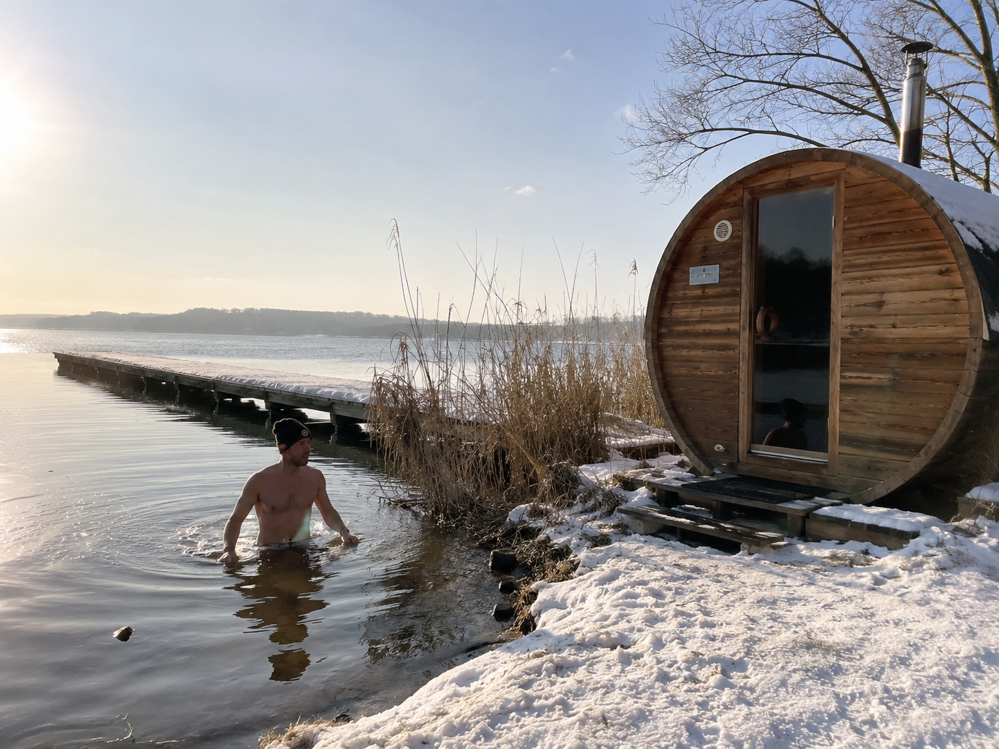 Eisbaden mit Saunafass am Steg – Winter-Highlight am Ammersee